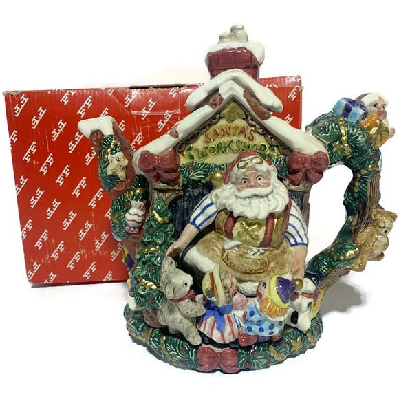 Fitz and Floyd Santa's Magic Workshop Teapot Pitcher in Original Box 32 Ounce - Picture 1 of 10